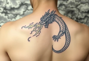 fierce dragon breathing iridescent fire against stormy skies tattoo idea