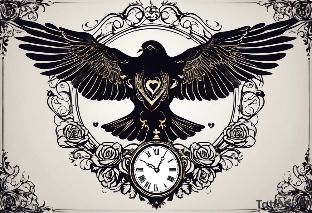 I would like a tattoo that covers the entire forearm, extending continuously and fluidly, similar to the reference photo. The design should include symbolic elements representing love and family, subtly incorporating the initials SDCM in a meaningful way. I envision a harmonious composition with elements such as a clock (symbolizing time spent with loved ones), a rose (for love), a dove (for peace and unity), or a tree of life (for family connection). The style should be realistic, in black and grey, with intricate details and smooth transitions between the elements tattoo idea