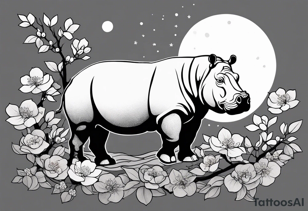 Asymmetrical, geometric, chinese ink art touch, hippo , full moon, wintersweet flower, light , modify from my favourite, ratio 9:16 tattoo idea