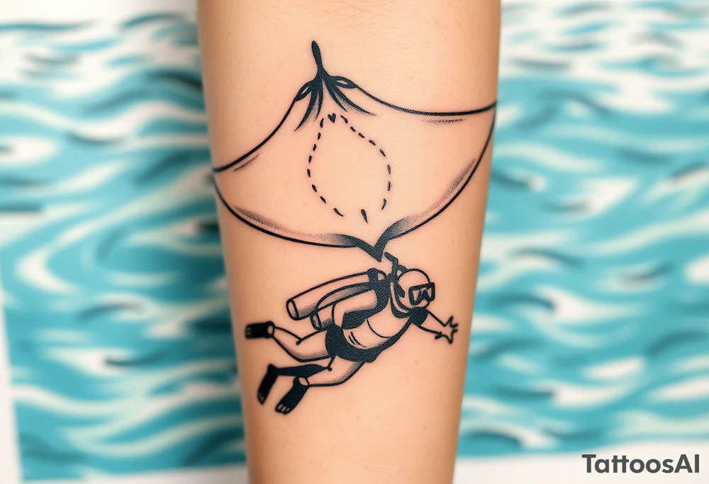 Manta ray silhouette above, scuba diver underneath, water backround tattoo idea