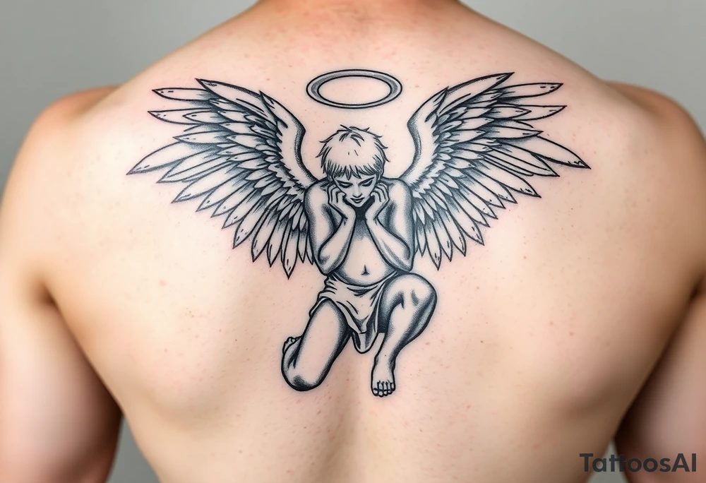 Fallen angel on his knees with wings pointed forward tattoo idea