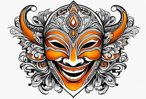 Laughing mask that is orange and black  simple tattoo idea