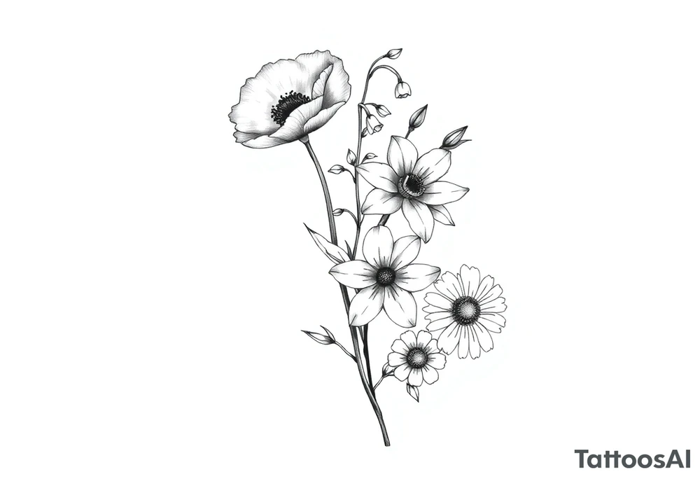 simple black and white tattoo with a bouquet from one stem featuring poppy flower, lily of the valley, daffodil, water lily, daisy, with less lines and detail tattoo idea