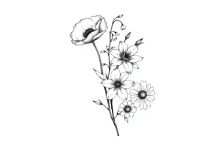 simple black and white tattoo with a bouquet from one stem featuring poppy flower, lily of the valley, daffodil, water lily, daisy, with less lines and detail tattoo idea