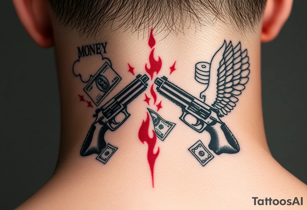 deepfull description of details with clouds,fire guns, money,angels and red tattoo idea