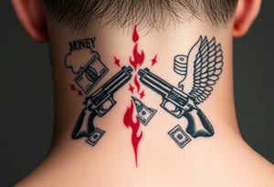 deepfull description of details with clouds,fire guns, money,angels and red tattoo idea