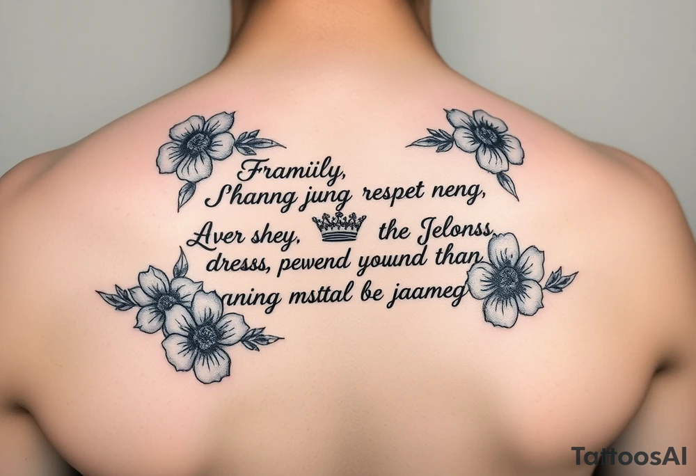 Meaningful quotes that has meanings such as family, love, kindness, fairness, respect, trust, loyalty, humour, honesty, hardworking, thoughtful, sharing and it has some flowers as a background or just around it tattoo idea