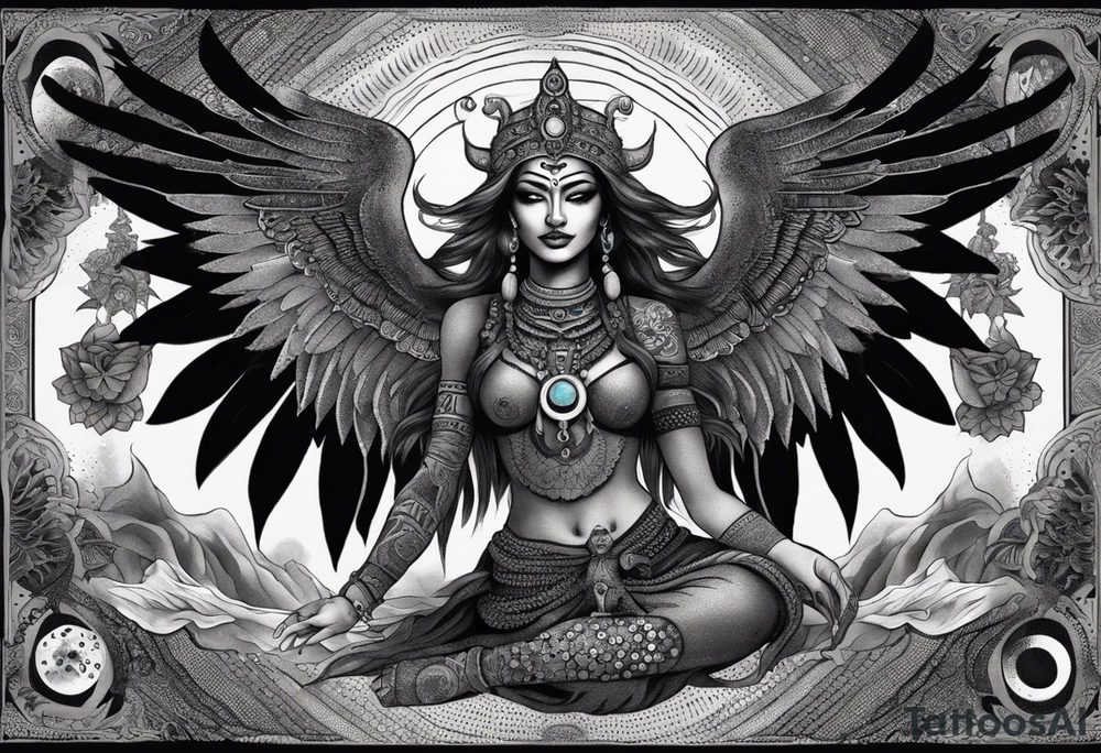 black kali, goddess pirate, alien, angel, pachamama, valkrye, warrior, flying, skull, lotus azul, wing, eagle, zenza resonance, stars, 5D, anahata chakra, death, durga, riding on a tiger, flying lady, kundalini, chest tatoo, samuri, rebel,serpent tattoo idea