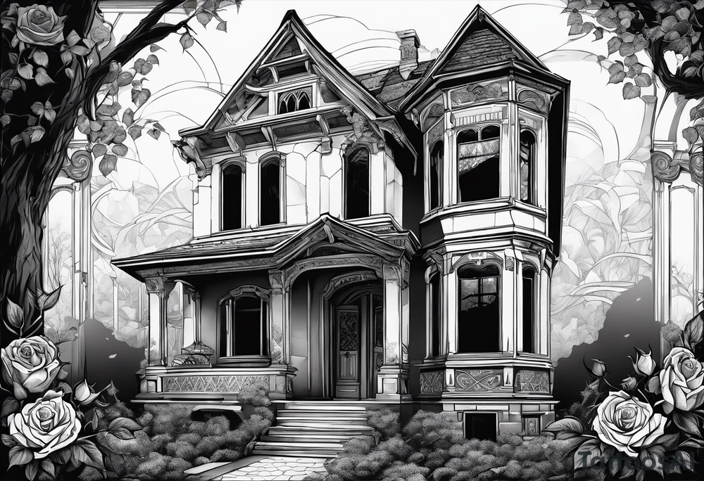 тату рукав, abandoned old gotic house, broken sword, roses, tattoo idea