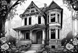 тату рукав, abandoned old gotic house, broken sword, roses, tattoo idea