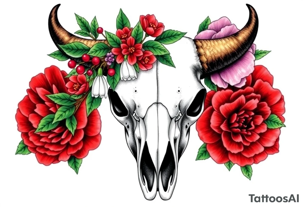 Buffalo or bison skull with flowers. Snow drop and red peony. Green holly with red berries, purple larkspur, red peony.  Colour. For upper arm or shoulder. Masculin. tattoo idea