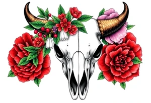 Buffalo or bison skull with flowers. Snow drop and red peony. Green holly with red berries, purple larkspur, red peony.  Colour. For upper arm or shoulder. Masculin. tattoo idea