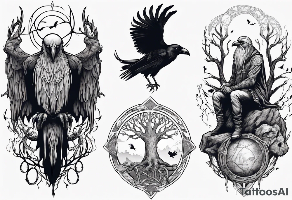 odin ravens sitting on yggdrasil tattoo idea
