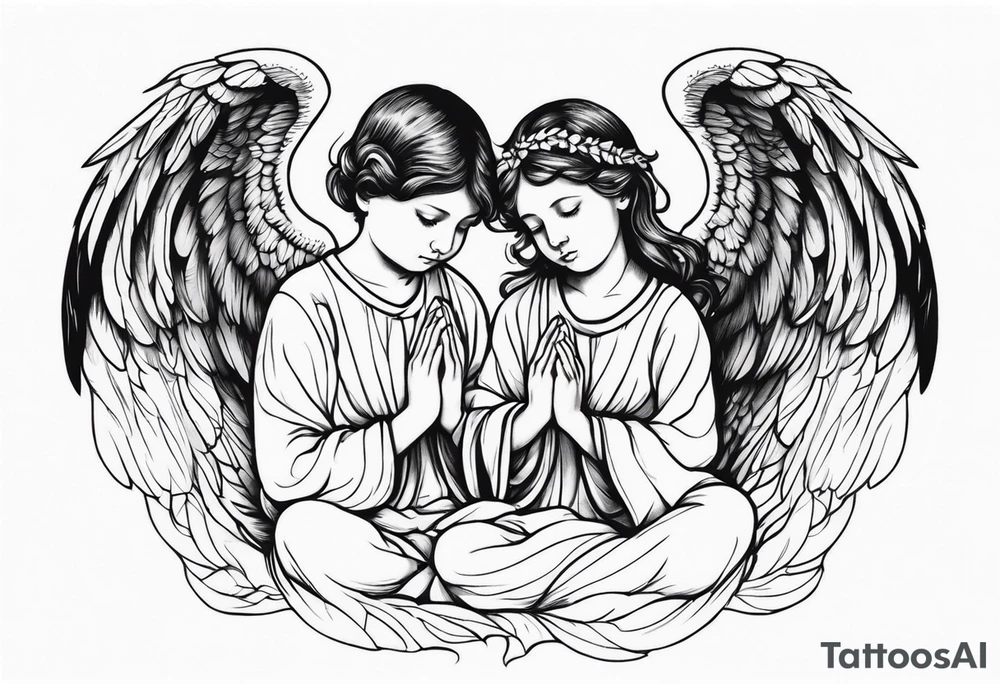 three angels praying together. The two boy angels are on either side of the girl angel, with their wings gently enfolding her in a protective embrace tattoo idea
