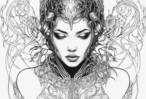 Hajime Sorayama type blended with HR Giger alien woman with vines tattoo idea