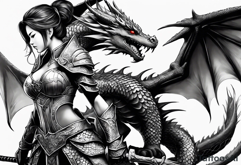 beautiful warrior woman wearing dragon armor and a dragon flying tattoo idea