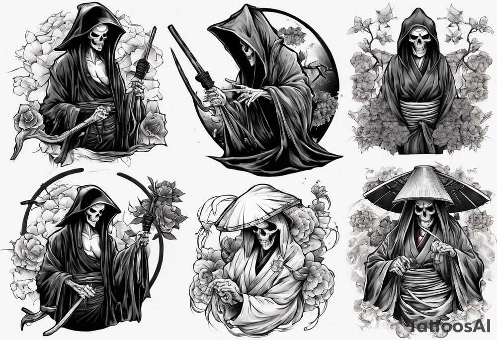 grim reaper who is also a sexy geisha tattoo idea