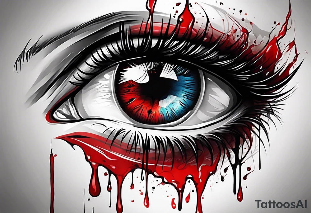 Bleeding tear draining to down from  one red symmetrical 
 eye tattoo design model tattoo idea
