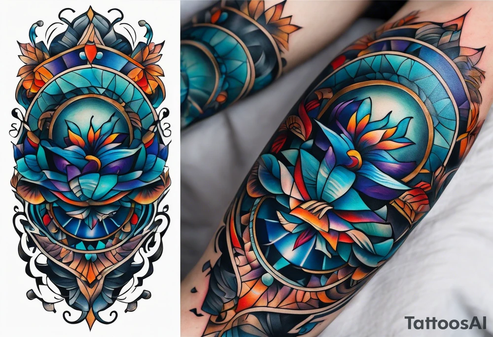 semi Detailed neo traditional knee tattoo flat on paper. The tattoo features geometric patterns and bold lines, creating a visually striking design with slight tints of deep fall colors. The background 
outside the tattoo features deep blues washes and water swirls tattoo idea