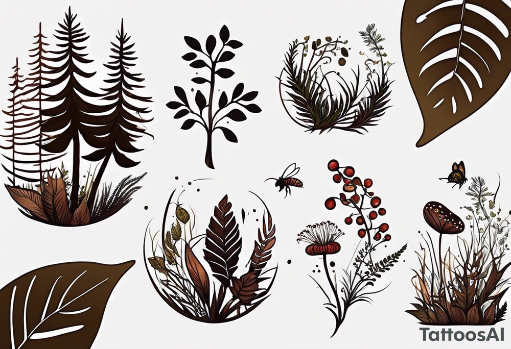minimalistic forest floor inspired tattoo, which includes grass, moss, curly ferns and dead leaves as the bulk of the tattoo. details to include: forest berries, couple of very small brown mushrooms, a tiny bumblebee flying nearby tattoo idea