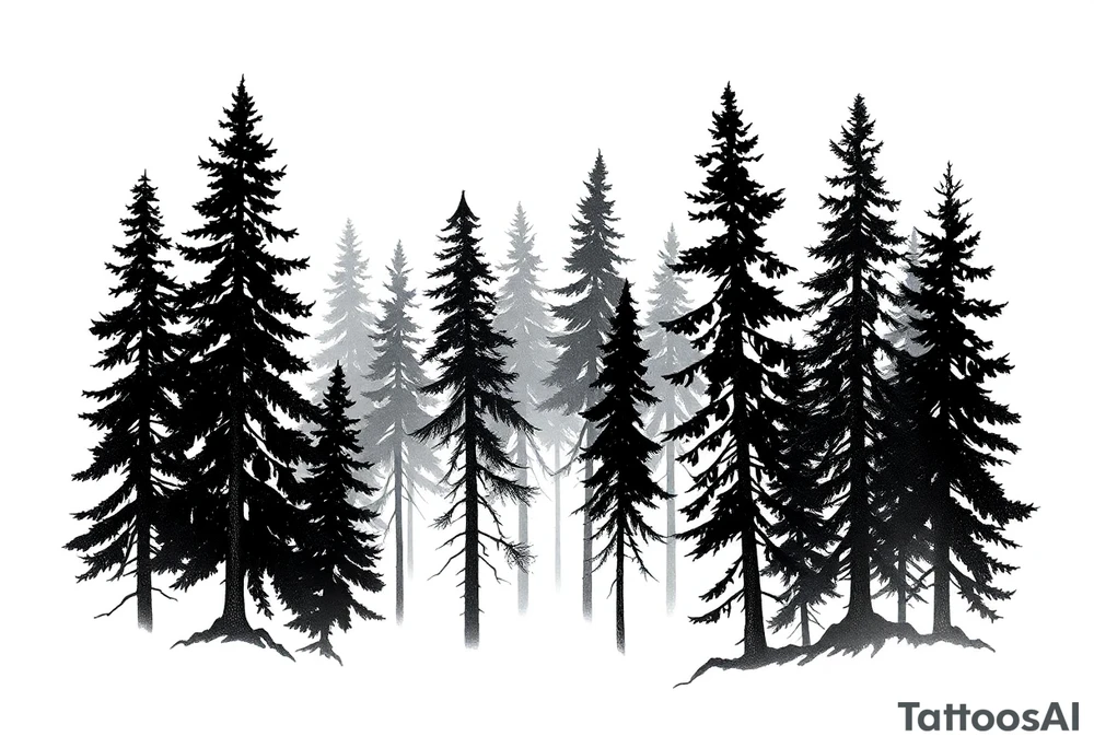 Coniferouse forest silhouette with black and gray trees tattoo idea