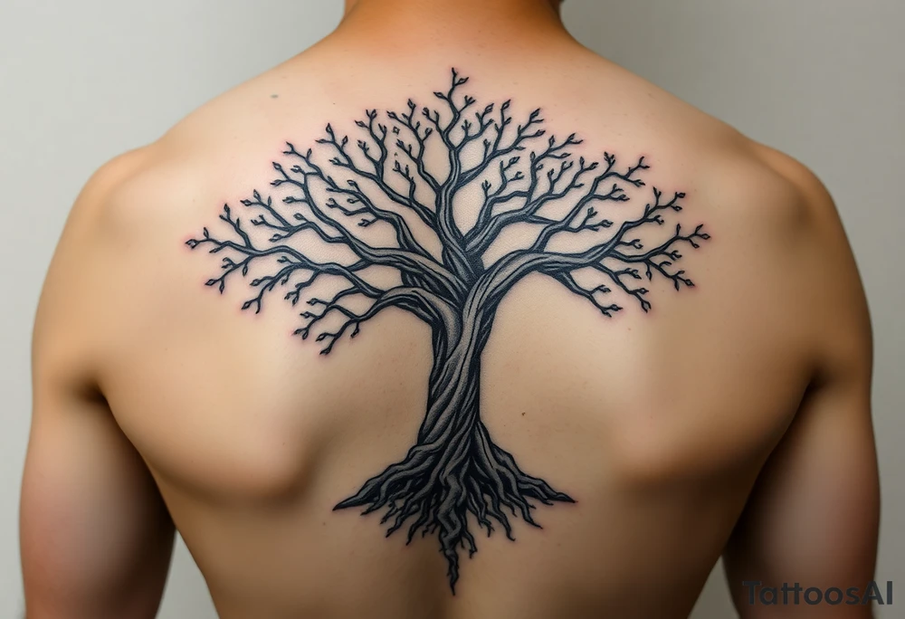 mystical tree of life with cosmic roots and celestial branches tattoo idea