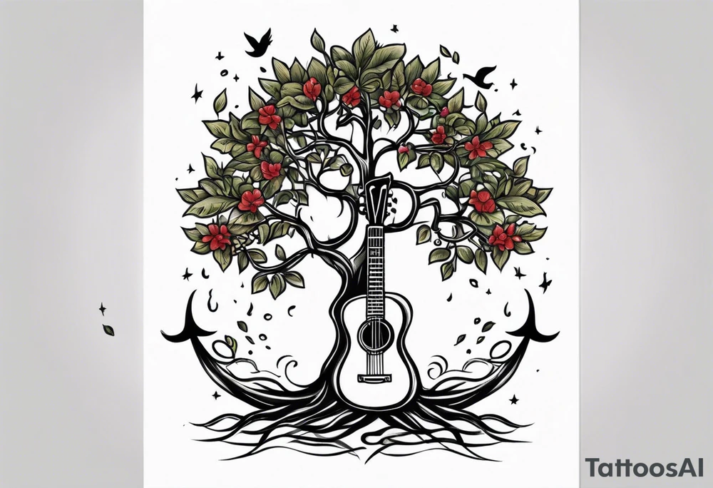 tree with guitar neck as trunk and roots are an anchor tattoo idea