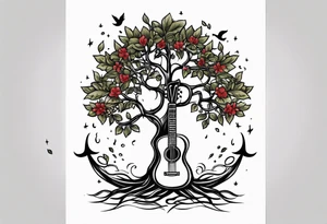 tree with guitar neck as trunk and roots are an anchor tattoo idea