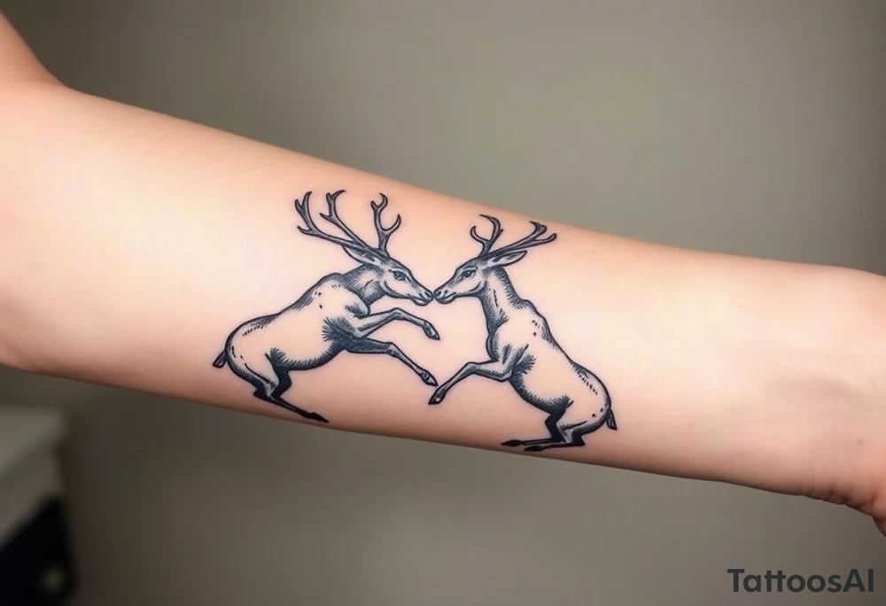 Two deer fighting with in a low down stance make it look like they are stuck together tattoo idea
