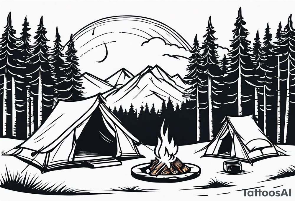 Campground with onr small tent and small fire pit with smoke billowing out of it. Forest of trees surrounding it with three large pine trees being the focus in the background. tattoo idea