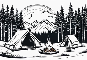 Campground with onr small tent and small fire pit with smoke billowing out of it. Forest of trees surrounding it with three large pine trees being the focus in the background. tattoo idea