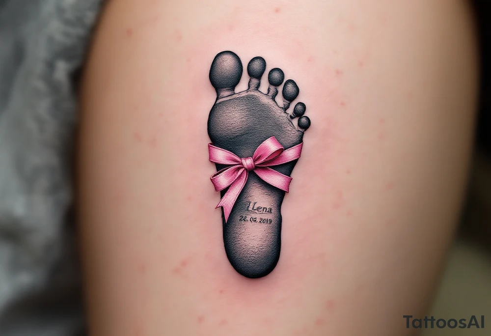 A tiny footprint in soft gray with a pink ribbon tied around it, personalized with a birthdate Lena 26. 03. 2019. tattoo idea