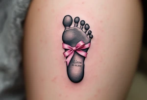 A tiny footprint in soft gray with a pink ribbon tied around it, personalized with a birthdate Lena 26. 03. 2019. tattoo idea