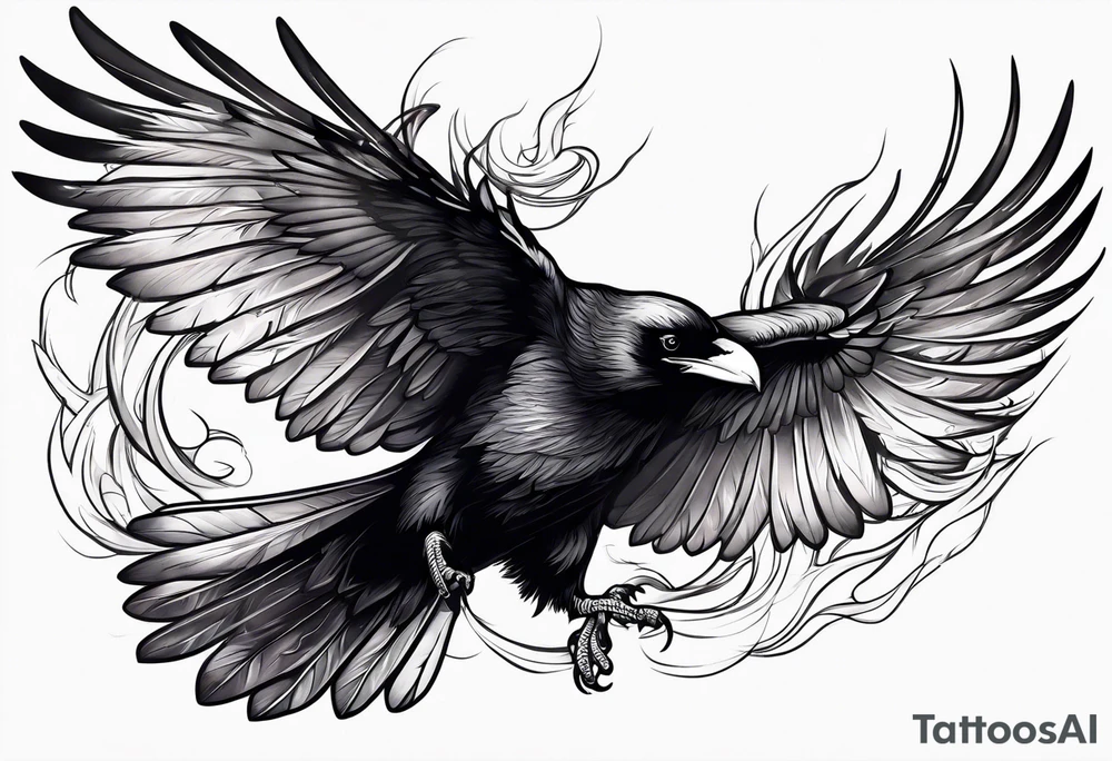 outline drawing of a flying raven with wings on fire tattoo idea