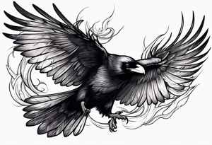 outline drawing of a flying raven with wings on fire tattoo idea