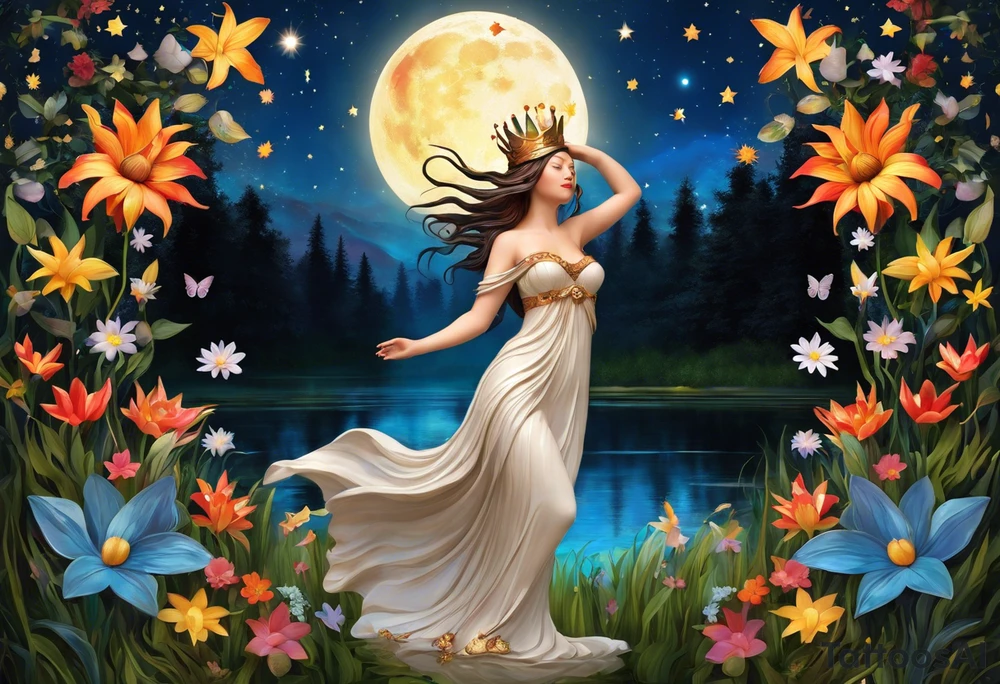 Wood nymph. She is wearing a crown made of butterflies and has a pond and lilies near her feet with colorful vegetation. She is holding her arms upright and has her hands cupped above her head. Above her hands she has the moon, stars, and sun. The moon, stars, and sun have a flower accent. tattoo idea