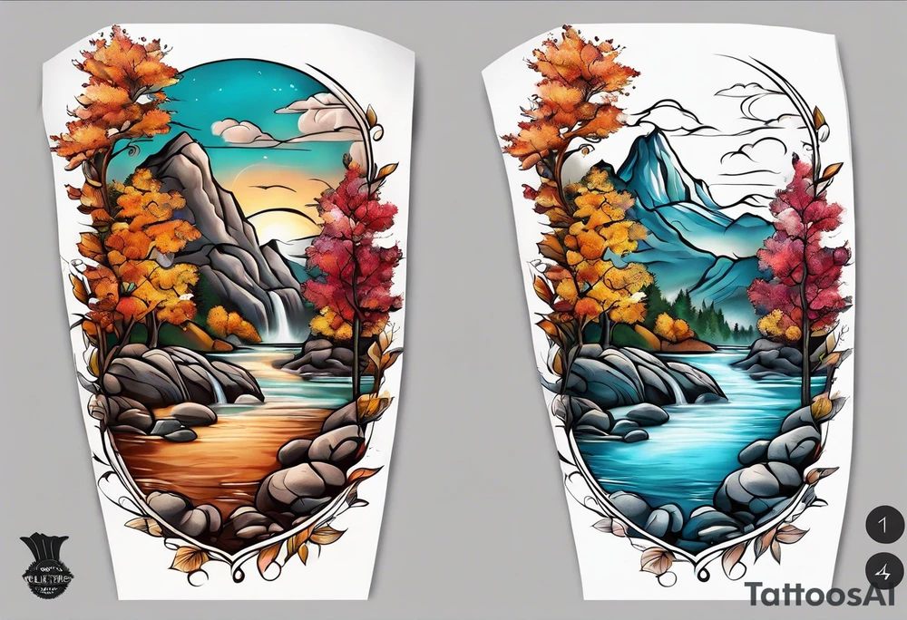 sleeve tattoo in fall colors, showing water flow around rocks, sky, clouds, leaves, roses and no trees tattoo idea