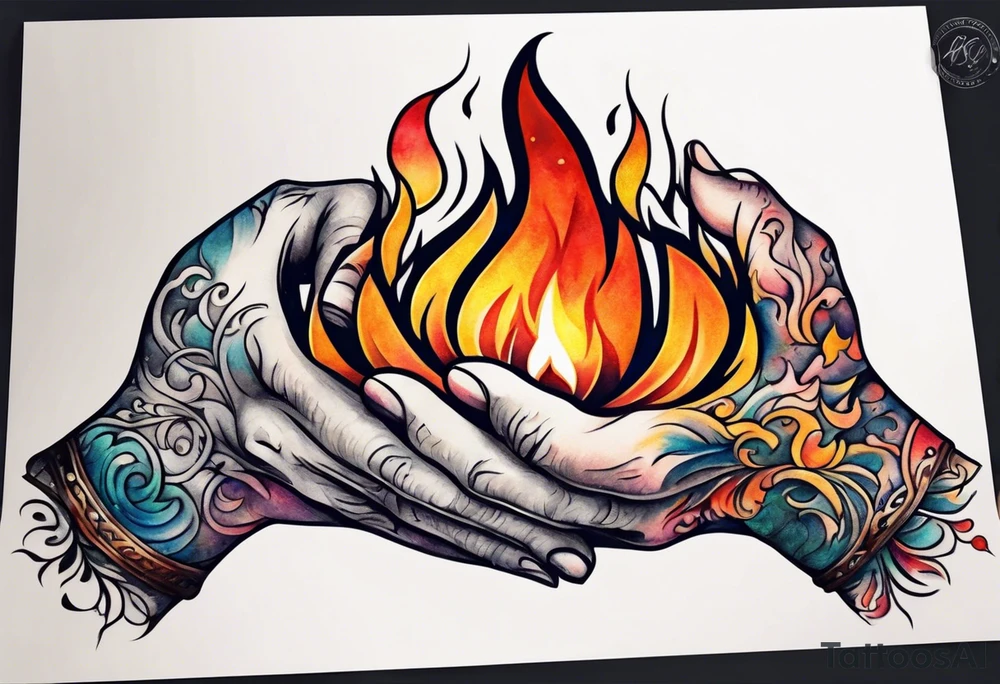 Hands holding each other, flame tattoo on one hand tattoo idea