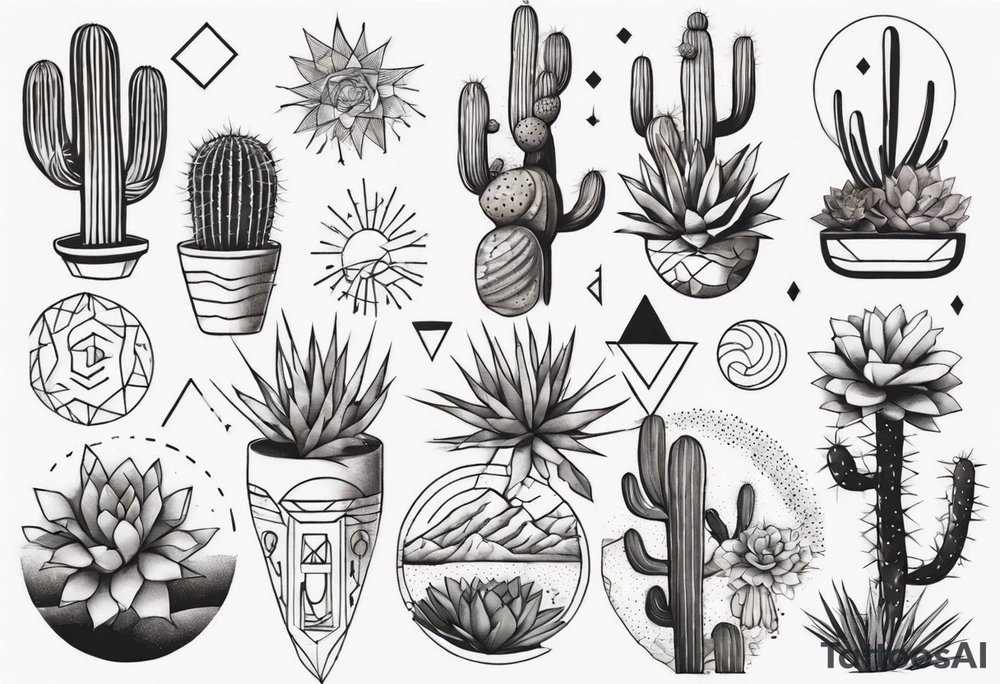Leg tattoo, desert flora, geometric shapes, high quality, detailed linework, black ink, minimalist style, warm desert tones, precise shading, cacti, succulents, triangles, circles, intricate patterns, professional, clean design tattoo idea