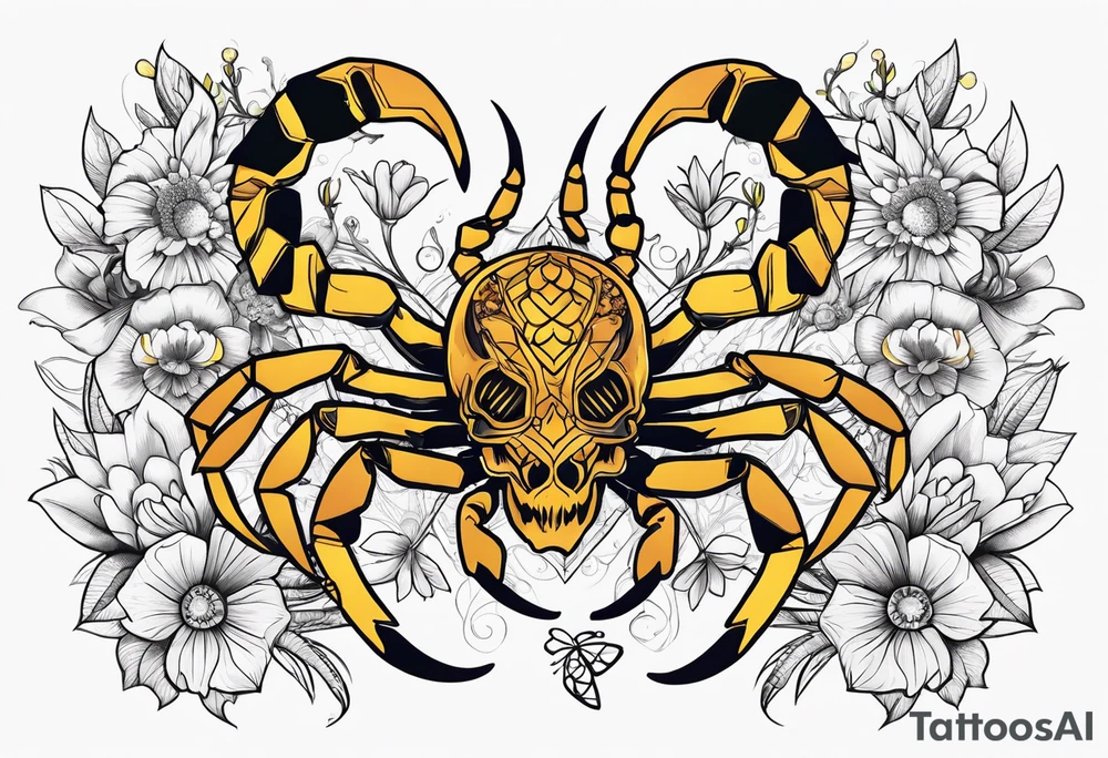 Large scorpion with a skull, flowers, and butterflies tattoo idea