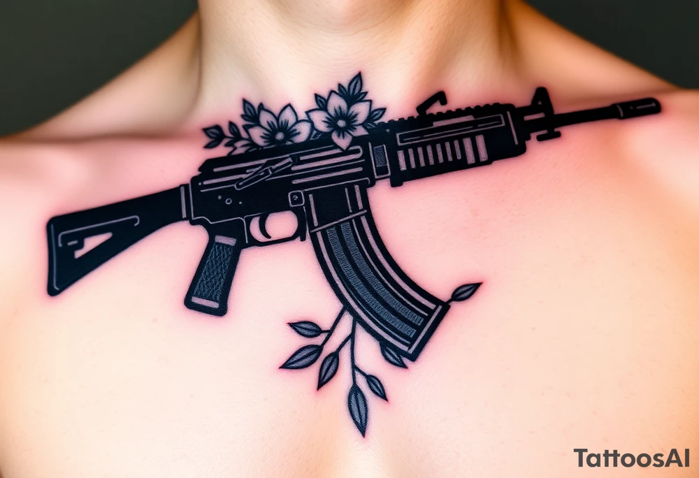ak 47 black silhouette with floreal details tattoo idea