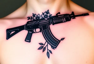 ak 47 black silhouette with floreal details tattoo idea