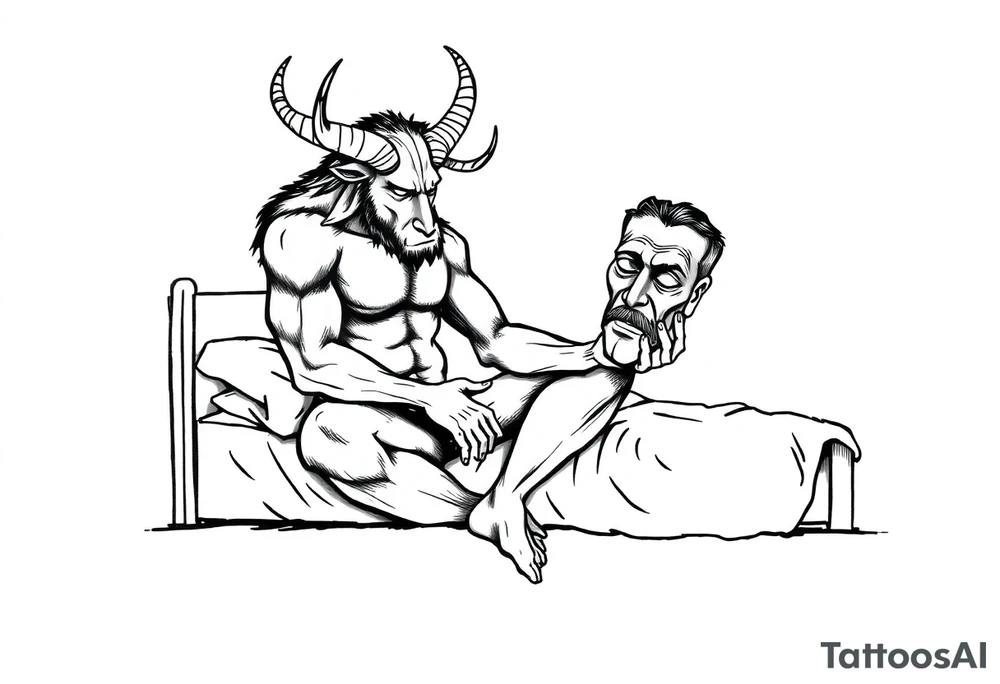 a minotaur holding a mans mask sitting on bed corner looking depressed tattoo idea