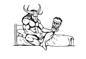 a minotaur holding a mans mask sitting on bed corner looking depressed tattoo idea