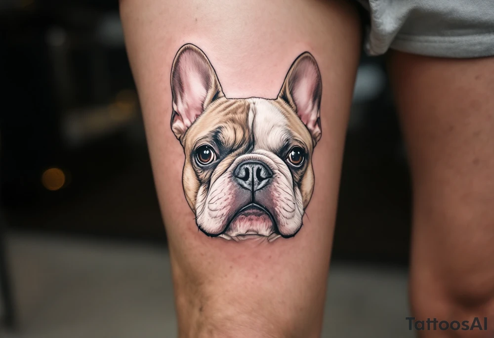 Realistic French Bulldog portrait in soft beige and white, with expressive dark eyes and a glossy black nose, facing forward with gentle shading. tattoo idea