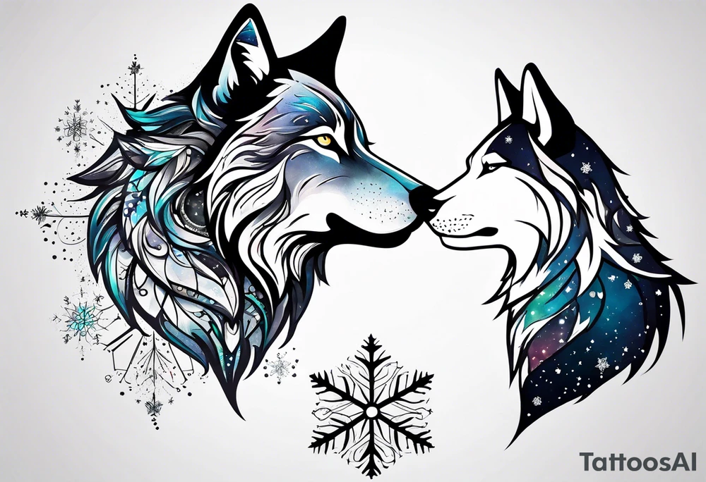 Constellation, two animal wolf, snowflake tattoo idea
