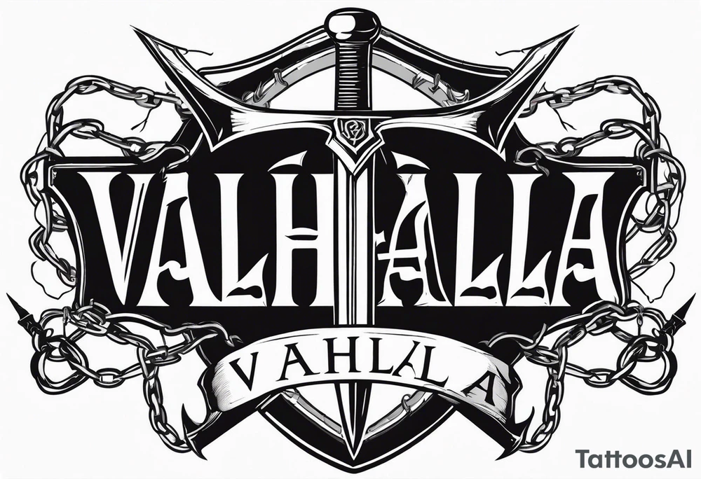 Valhalla sword shield axe barbed wire chains dark cloud tattoo idea