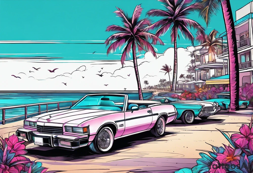 miami vice style beach party, no cars tattoo idea