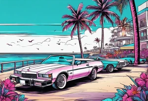 miami vice style beach party, no cars tattoo idea