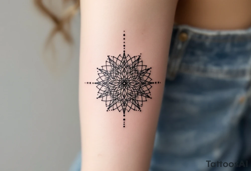 simple, minimalist tattoo, sacred geometry mandala, centerpiece design, dotwork patterns, radiating geometry, symmetrical mandala, geometric shapes, intricate dotwork, sacred patterns, mandala center, geometric radiating, fine line work, black grey shading, minimalist design, no outlines, arm placement, delicate linework, precise geometry, clean symmetry, sacred symbols, geometric precision, dotwork details, mandala focal point, refined patterns, understated complexity, geometric harmony, minimalist tattoo idea
